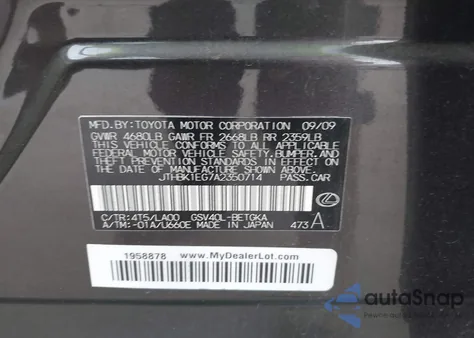 2010 Lexus Es 350 from USA, damaged, VIN JTHBK1EG7A2350714